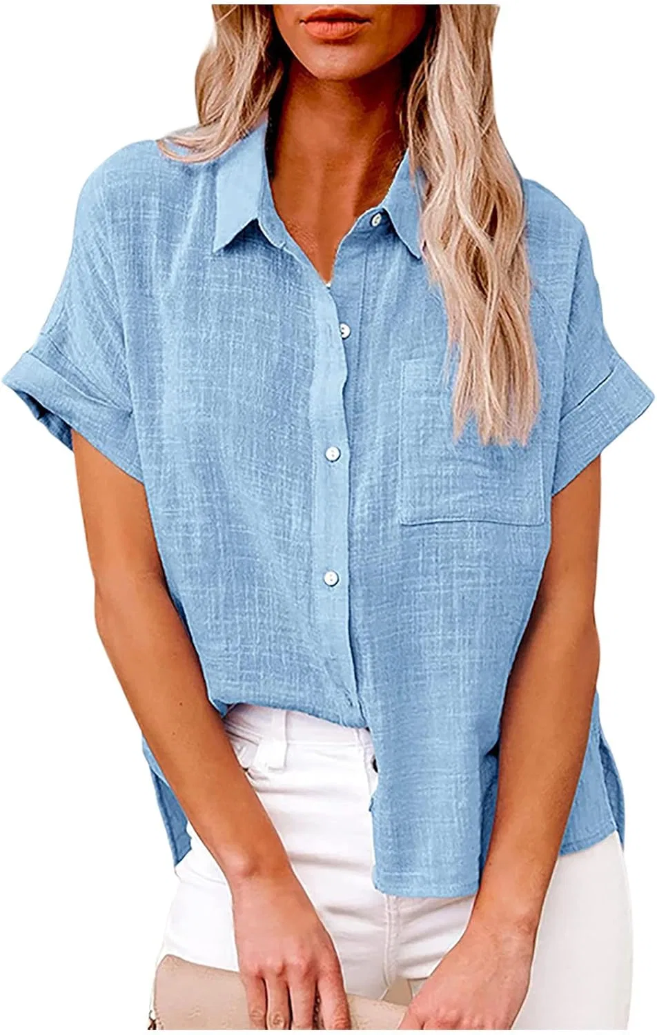 Женская блуза с коротким рукавом из льна, Light Blue