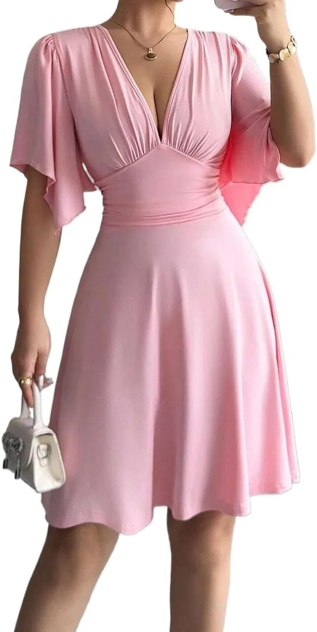 Женское A-силуэта мини-платье с V-образным вырезом Knitted Dress, Pink