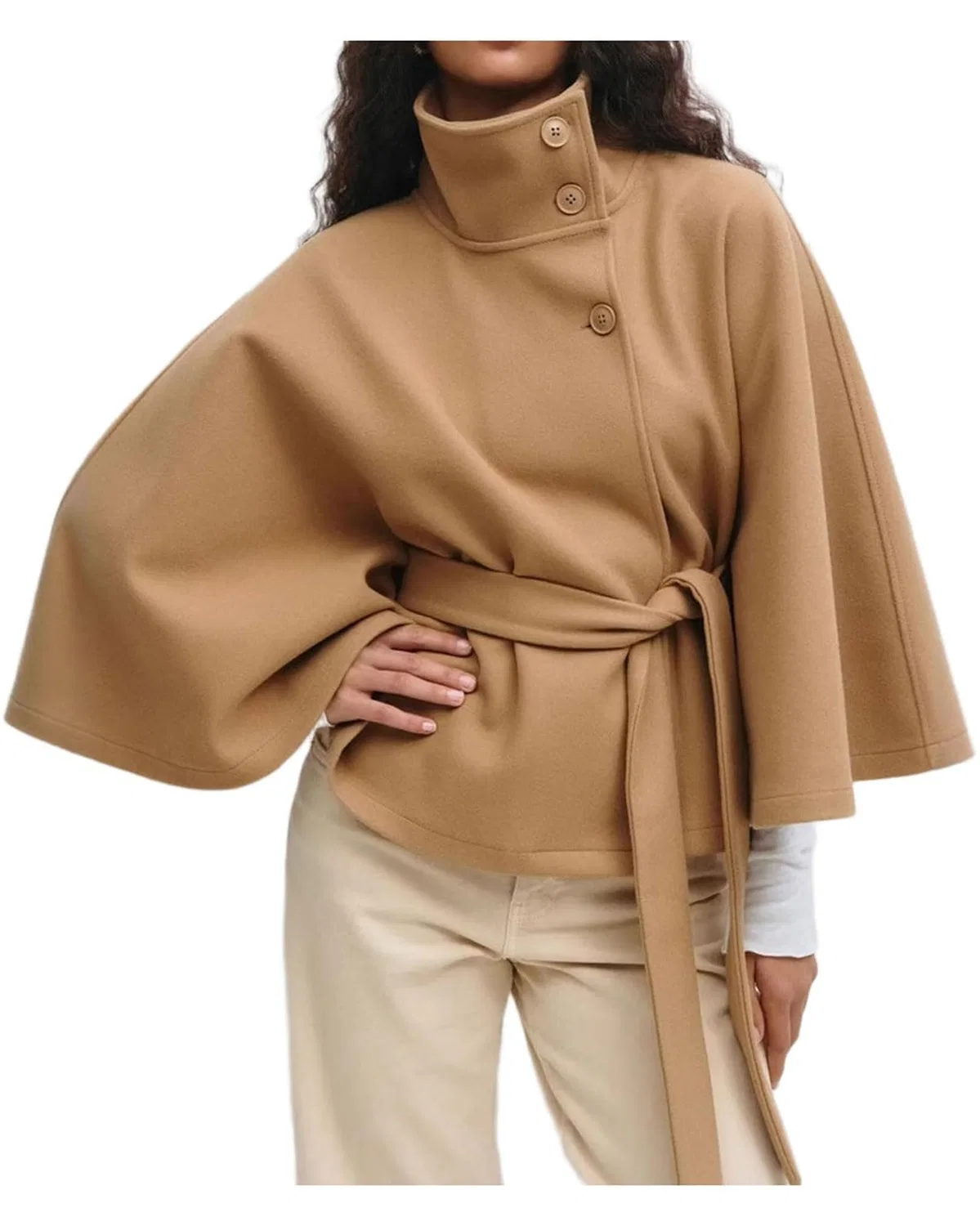 Женское пальто-пончо с рукавом-крыло и воротником-стойкой, модель Winter Shawl, dark khaki