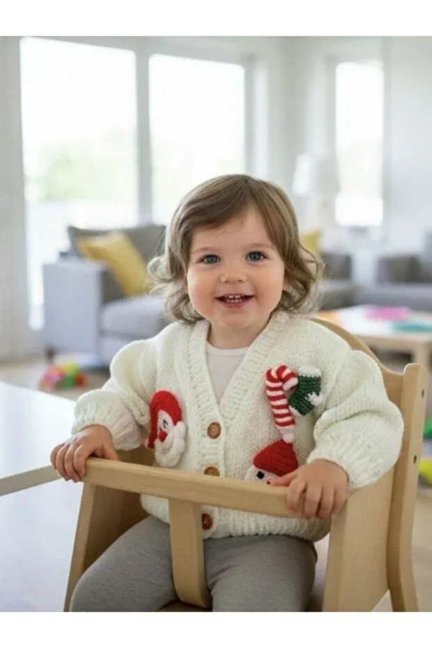 Детский кардиган для девочек хлопковый Special Design Hand-Knitted Figured Children's Cardigan Christmas Concept White Baby Cardigan En Home Style, White — фото 3