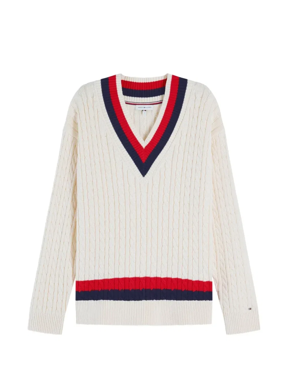 Вязаный свитер в косичку с полосатой отделкой Tommy Hilfiger, бежевый