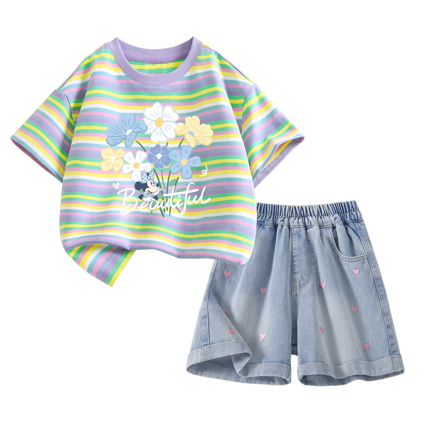 Детский спортивный костюм с круглым вырезом, дышащий, Disney, Di Floral K Sweetheart Green+Solid Color Denim Blue — фото 3