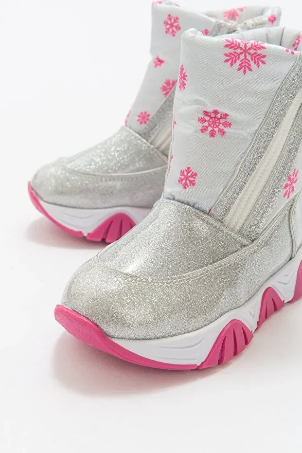 Детские ботинки для девочек кожаные с принтом Girl'S Silver Silvery Patent Leather Waterproof Casual Boots Mnpc, Silver Lurex — фото 2
