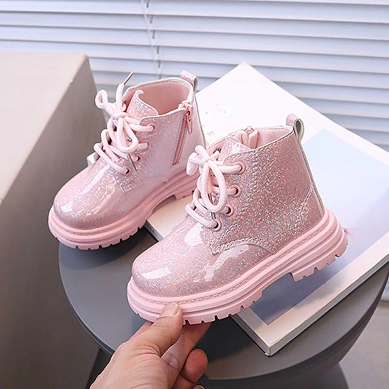 Детские ботинки для девочек на шнуровке с боковой молнией IWIHMIV, Pink — фото 2
