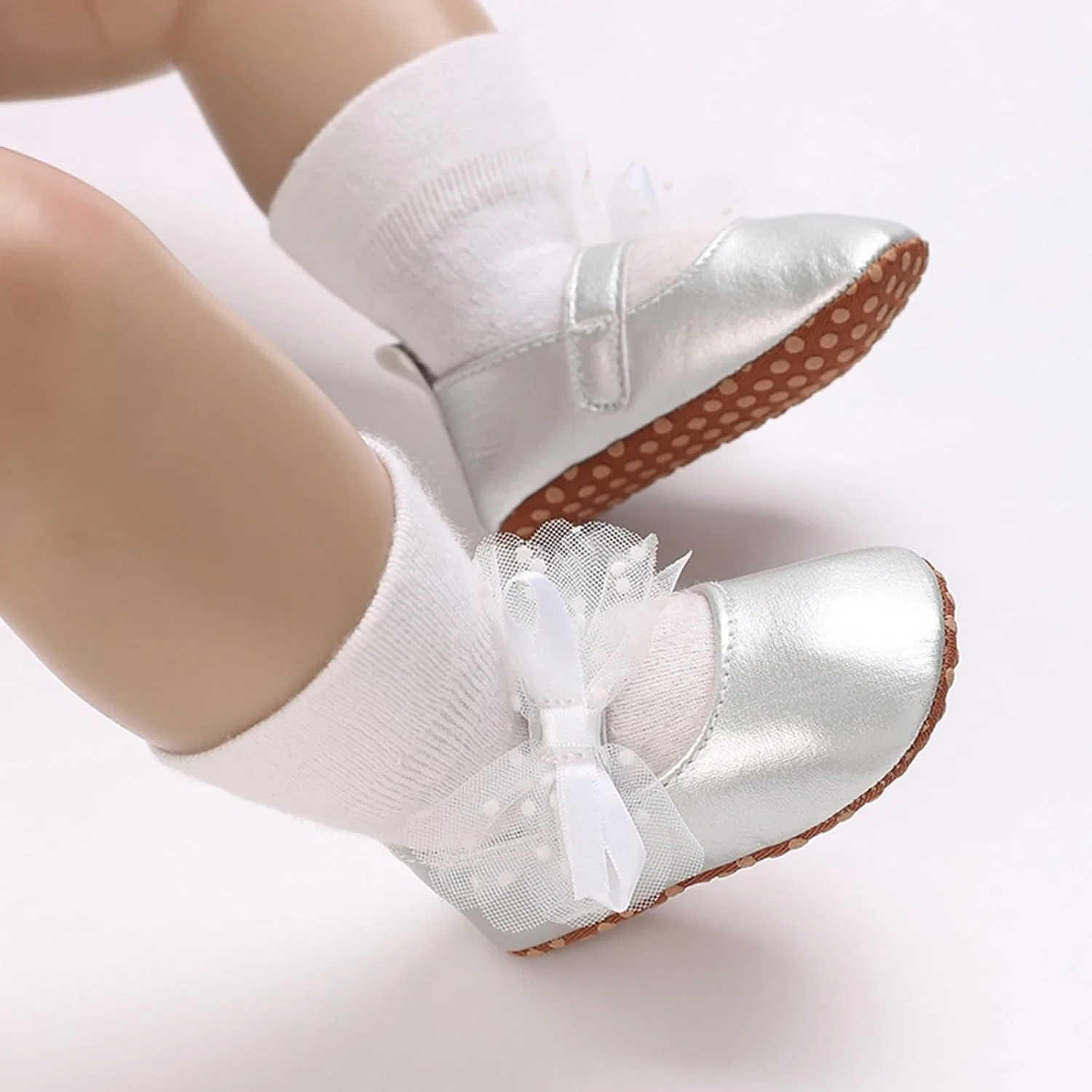Детские туфли для девочек с бантом Princess Shoes, Silver — фото 2