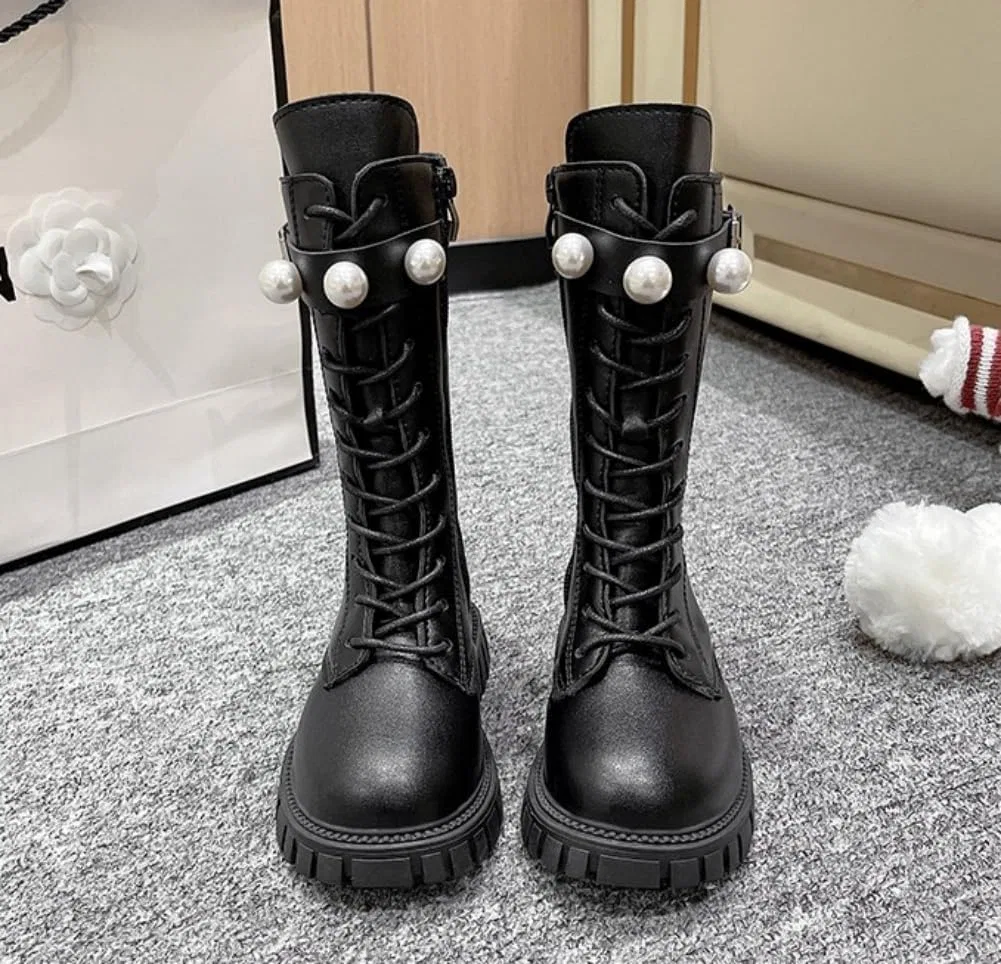 Детские ботинки для девочек на шнуровке с боковой молнией, модель Combat Boots, Black — фото 2