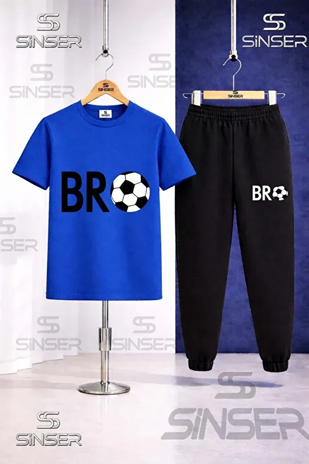 Детский для девочек комплект из футболки и брюк с принтом Children'S Bro Top Yazi Syh Printed T-Shirt Tracksuit Set Ss Sinser, Blue - Black