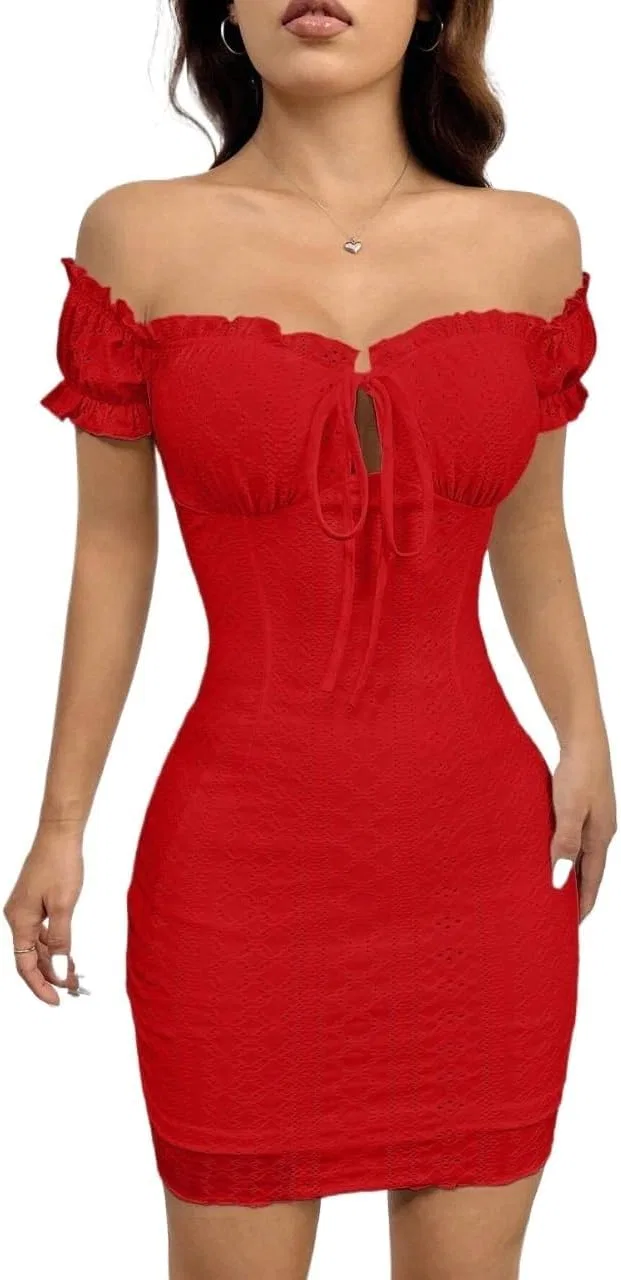 Женское мини-платье с открытыми плечами Bodycon, Red