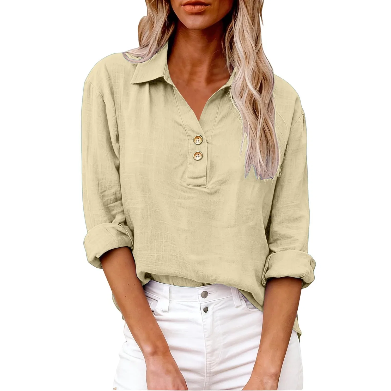 Женская блуза с коротким рукавом из хлопка и льна, Beige — фото 3