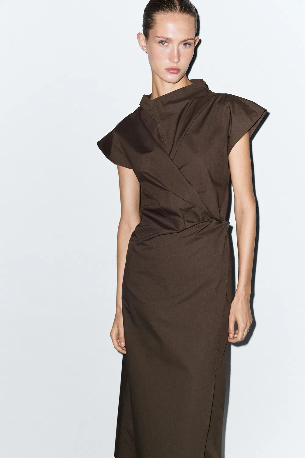 Платье Massimo Dutti, драпированное платье, коричневый — фото 2