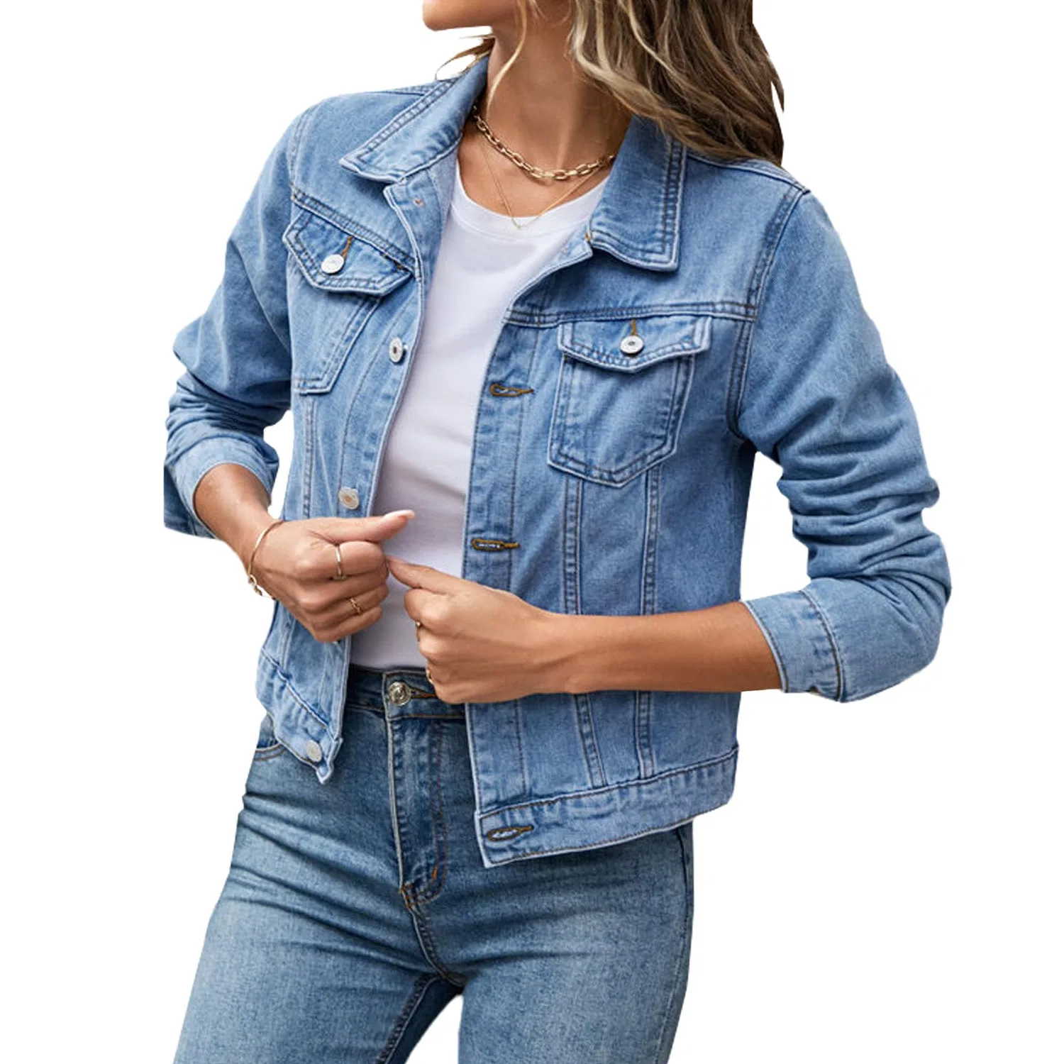 Женская джинсовая куртка с длинным рукавом, стрейч, Slim Fit, Baby blue light