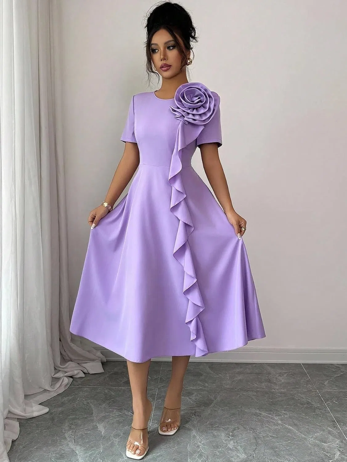 Женское платье миди с квадратным вырезом и воланами, Purple — фото 4