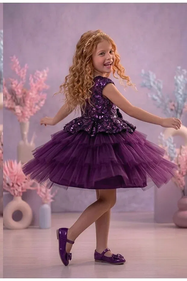 Детское платье для девочек с пайетками Girl'S purple sequined layered tulle evening dress Delfini Kids, Purple — фото 4