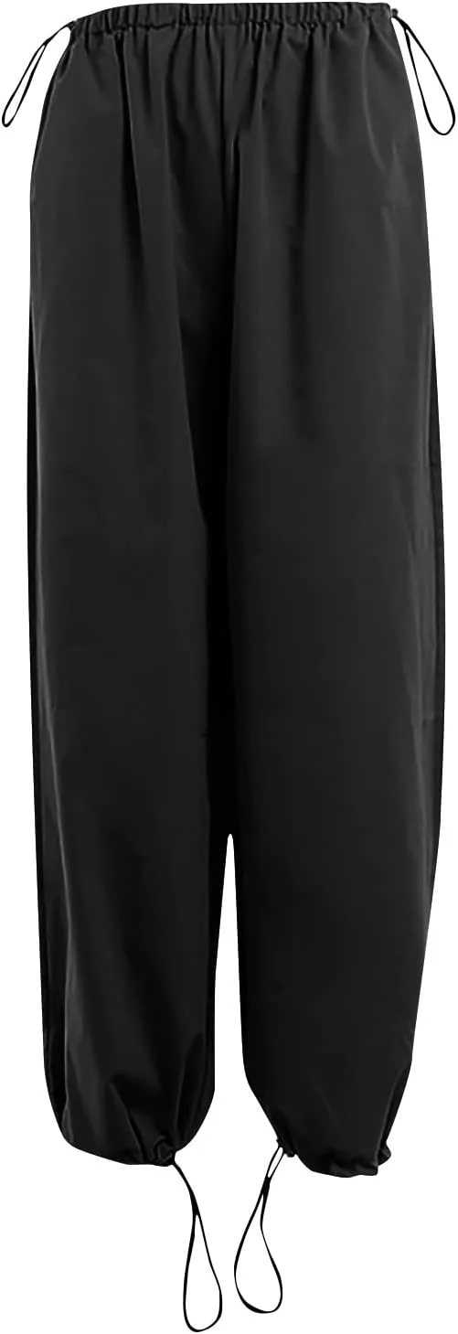 Parachute Pants для женщин мешковатые карго штаны на резинке высокая талия мода Y2k широкие брюки sweatpants карго штаны Generic, черный