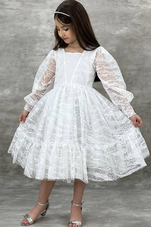 Детское платье для девочек с длинным рукавом Basics Riccotarz, White — фото 3