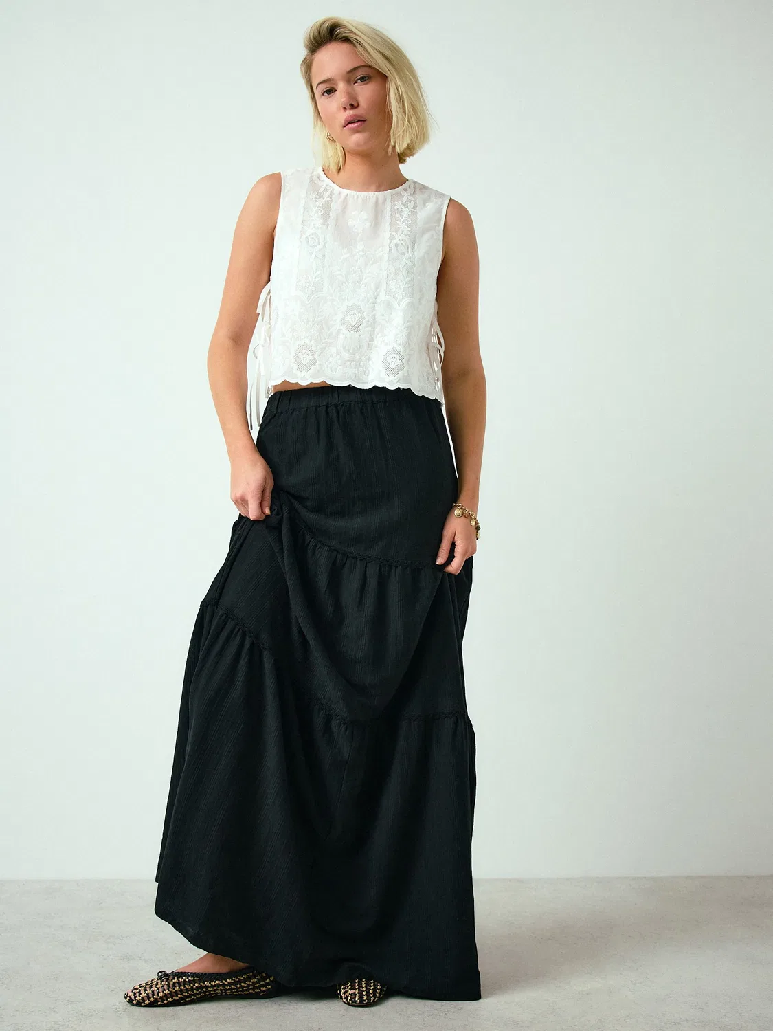 Юбка макси, ярусная, Black Cotton Tiered Maxi Skirt Next, черный