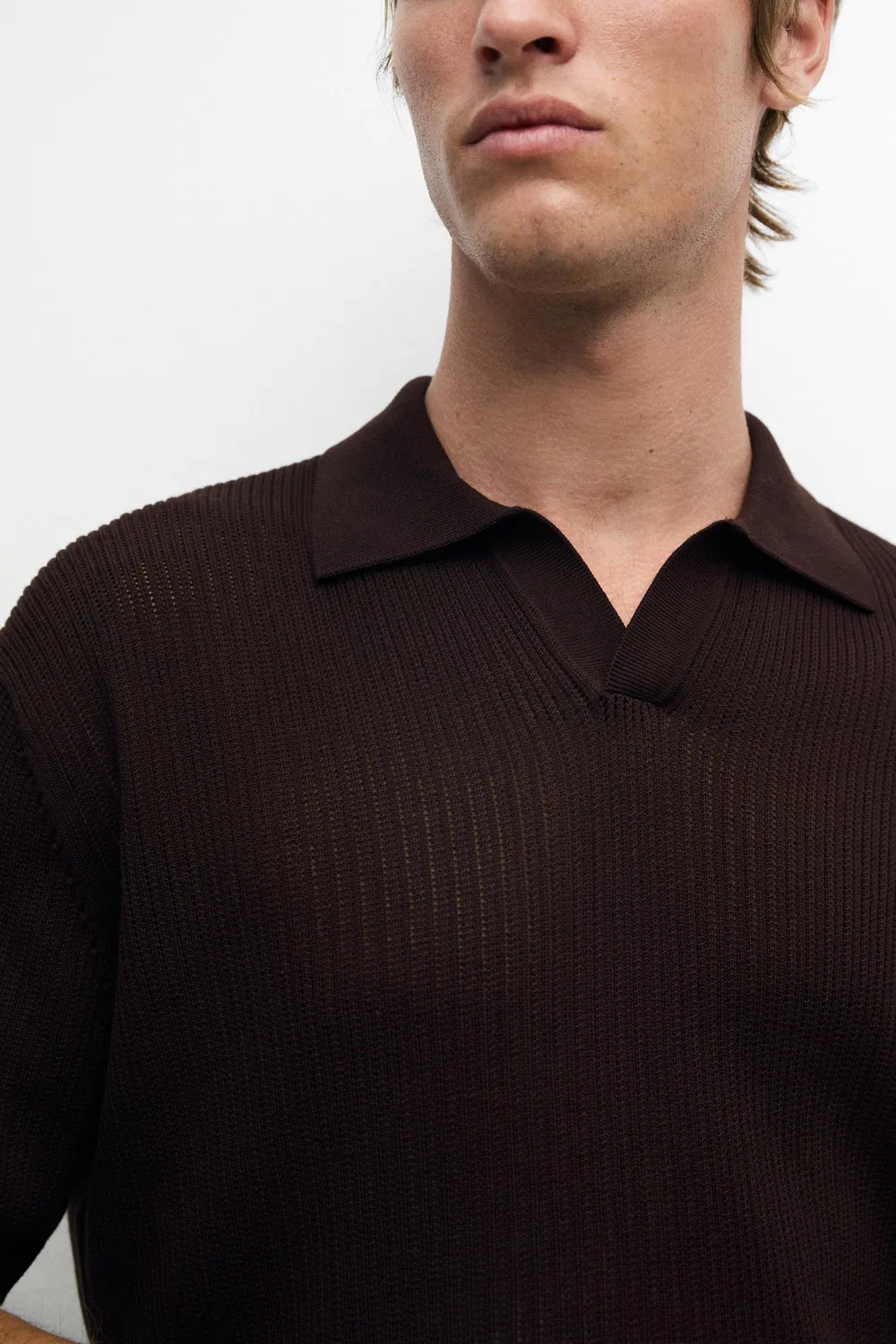 Поло Massimo Dutti Cotton-Blend V-Neck Knit, бордовый — фото 4