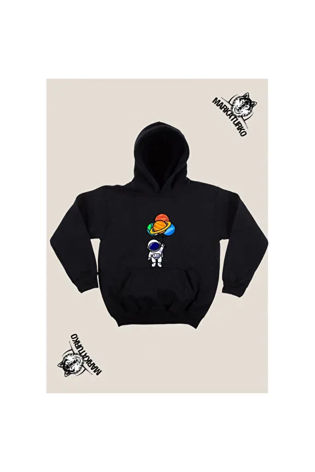 Детское худи для мальчиков с принтом Astronaut design front printed black hooded unisex sweatshirt 966-673 Markaturko, Black