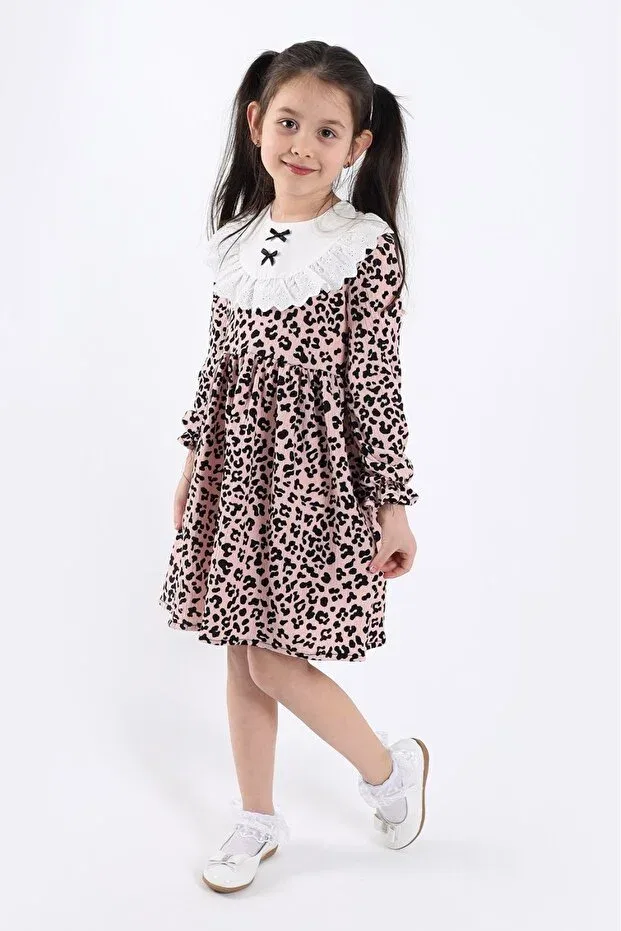 Детское платье для девочек с принтом Girl Scalloped Leopard Aden Kids, Pink Leopard Ifsto
