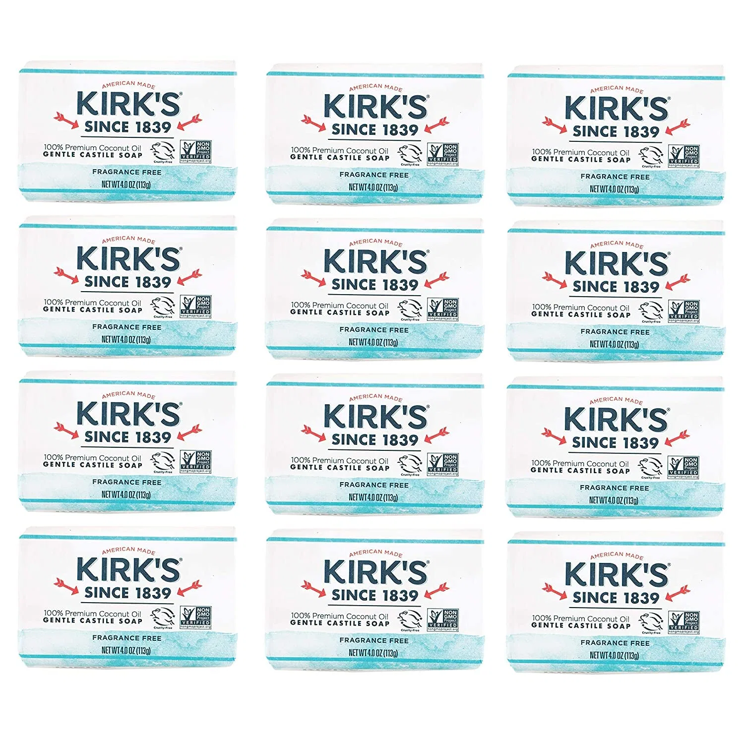 Мыло Kirk's Coco Castile Bar Soap Fragrance Free, 4 унции, 12 шт