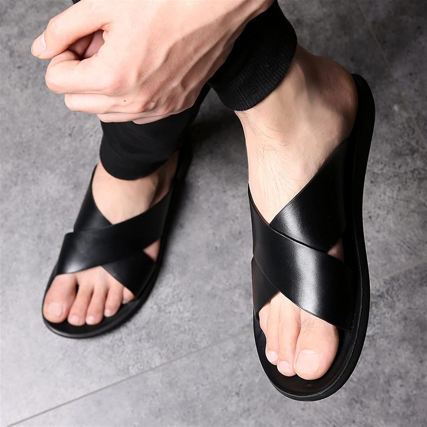 Мужские сланцы Battle Men Fashion X Band, однотонные, из натуральной кожи, с открытым носком, повседневные, пляжные, на резиновой подошве, противоскользящие, черный — фото 3