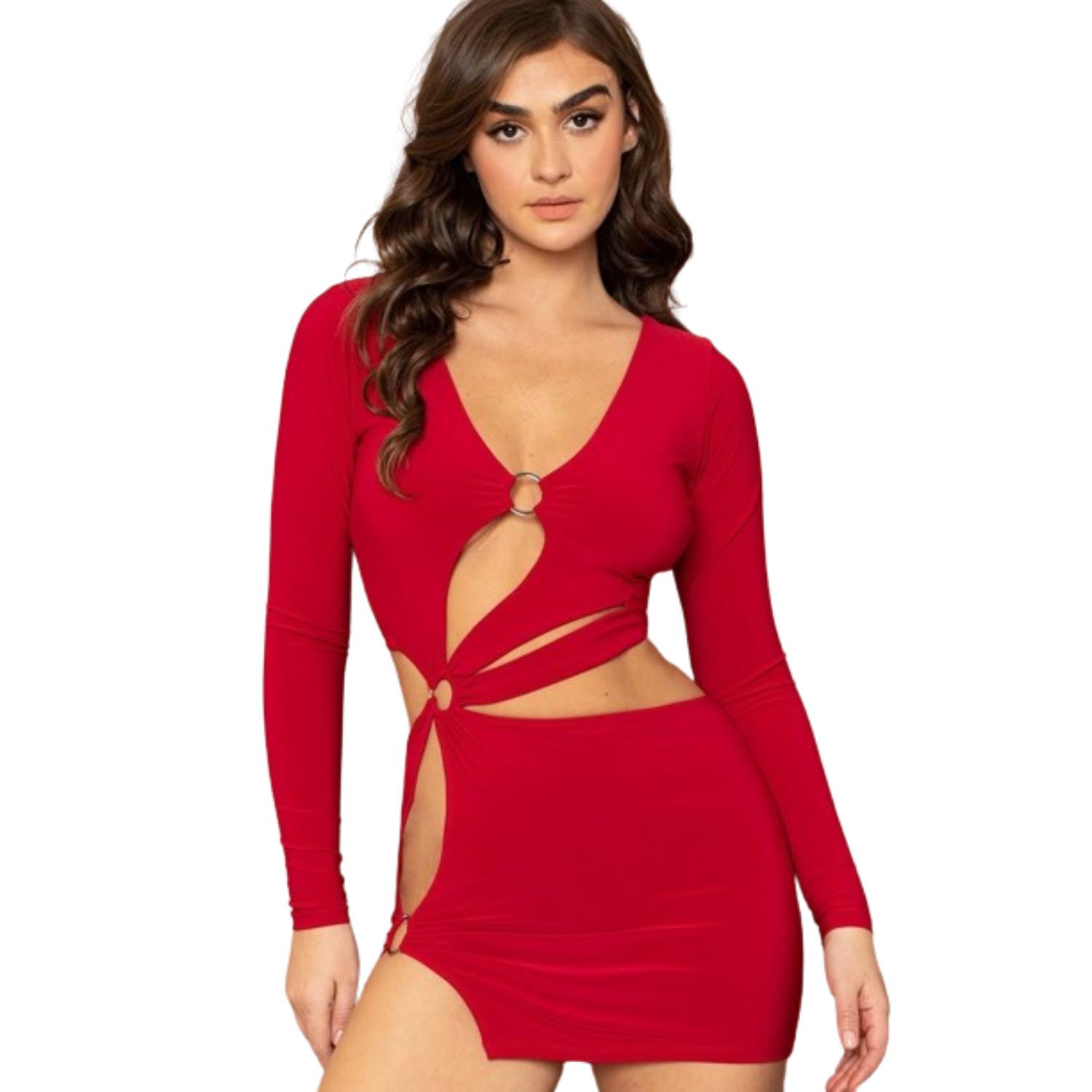 

Металлическое кольцо с вырезом, мини-платье FASHNZFAB, красный