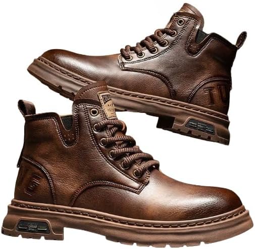 

Мужские кожаные мотоботы боевого стиля - с шнуровкой, ретро, с круглым носком, подошва с протектором, ботинки до щиколотки, водонепроницаемые повседневные и оксфорды для мужчин Hhhchpm, коричневый