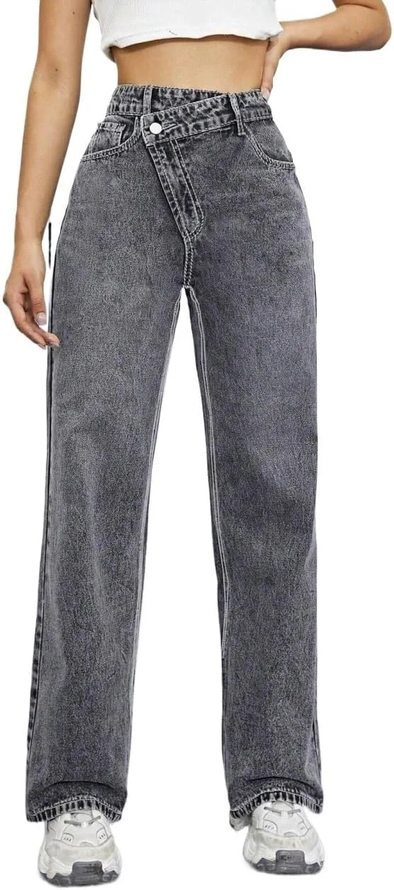 Женские классические джинсы Loose Fit с асимметричным высоким поясом и прямыми штанинами Generic, серый