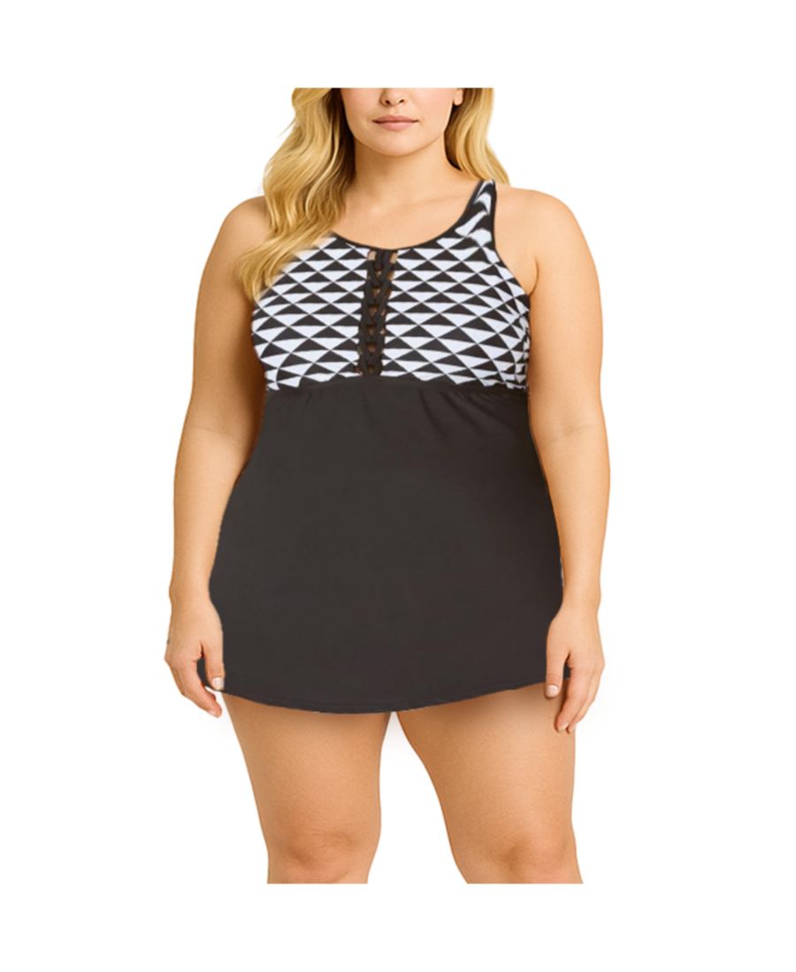 

Женское купальное платье с высоким воротником, выполненное в технике макраме Swimsuits for All, Black geometric