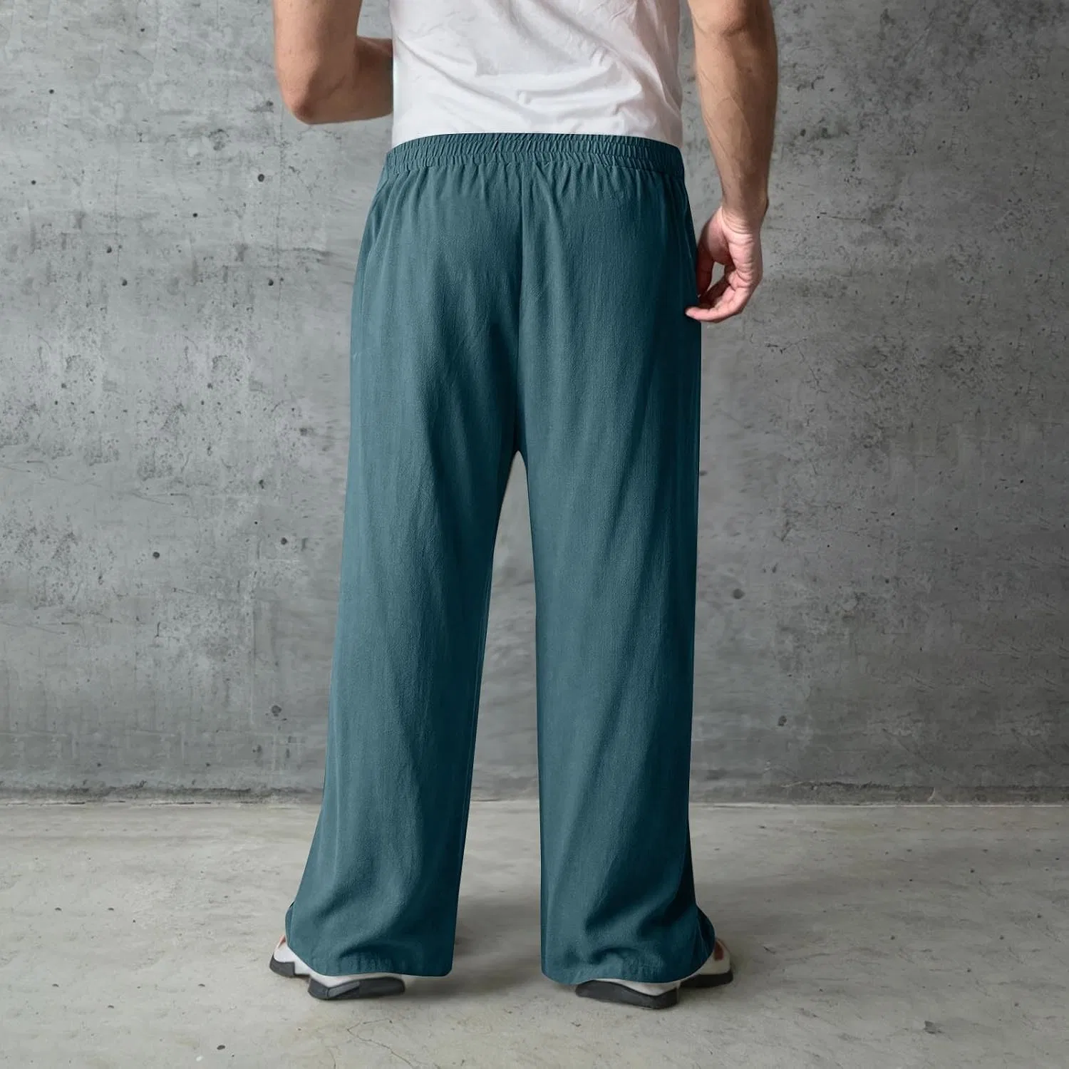 Мужские свободные брюки из хлопка и льна, Wide Leg Baggy Trousers, синий — фото 4