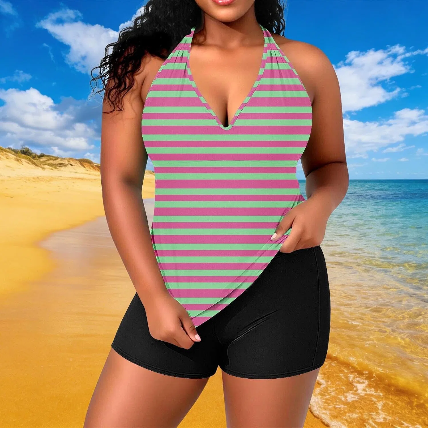 Женский купальный костюм халтер с V-вырезом Plus Size, Pink — фото 2