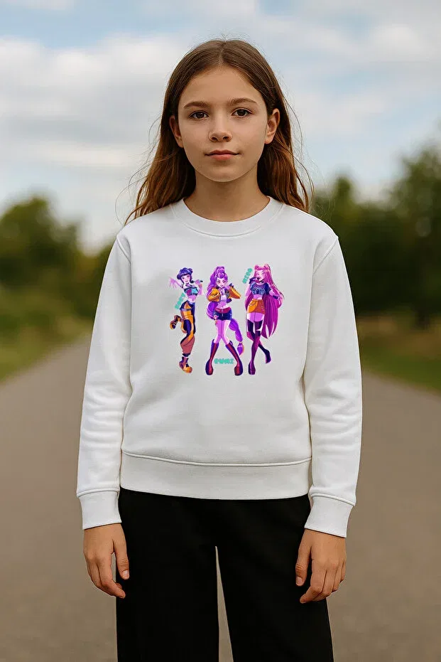 Детские свитшот для девочек с принтом Kpop demon hunters hunterix demon hunters zoey mira rumi design Blitzist, White — фото 2