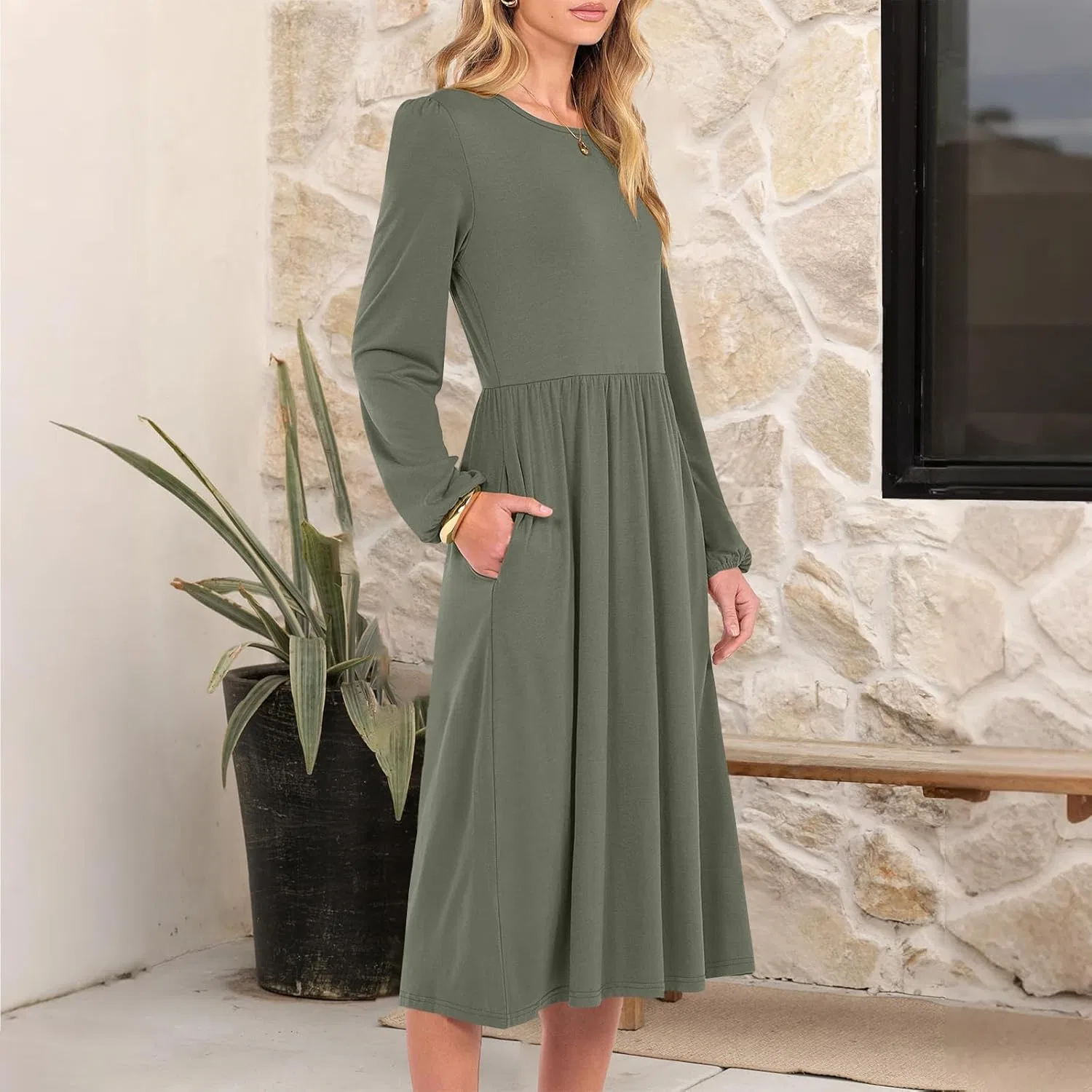 Женское свободное миди-платье с принтом, Army Green — фото 3