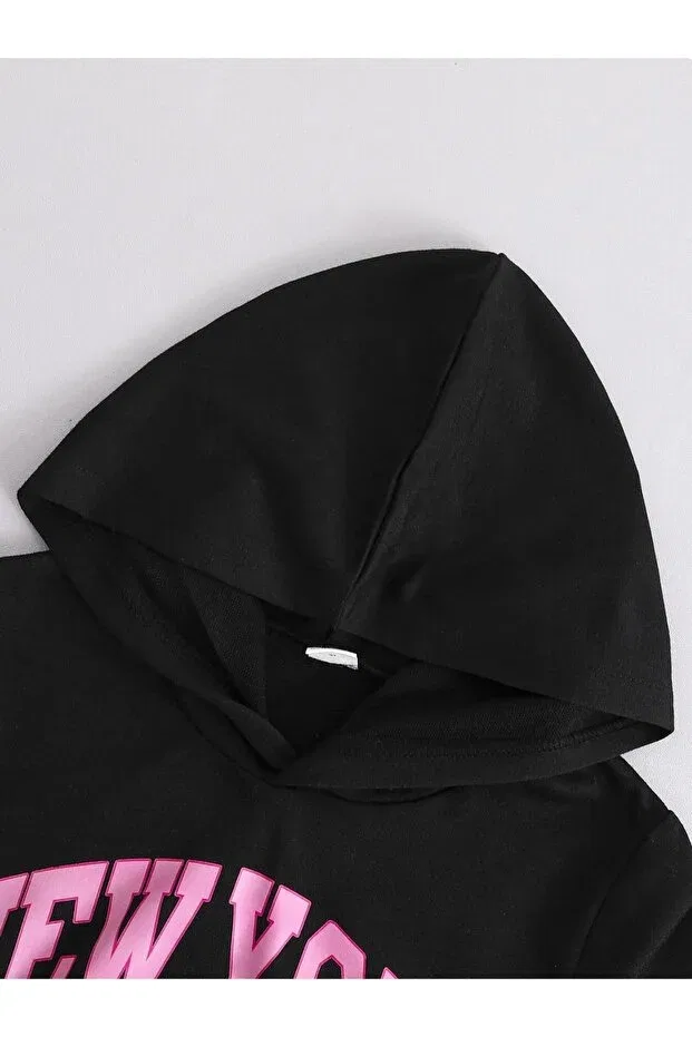 Детский комплект спортивный с принтом Kids New York Brooklyn Pink Printed Black Hooded 3 Thread Tracksuit Set Keywest, Black — фото 4