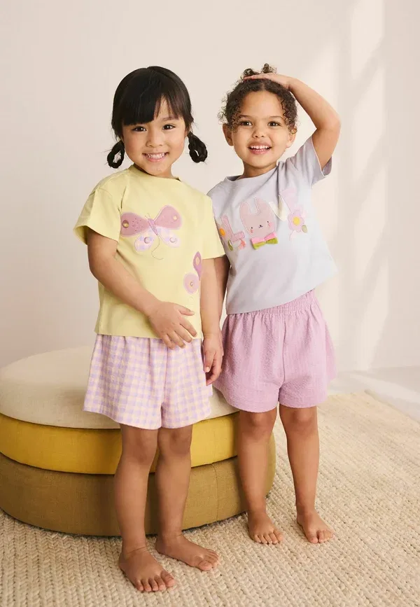 Пижамный комплект из хлопка, Regular fit - pastel applique short pyjamas 2 pack set, Next, pink, lilac, розовый/сиреневый