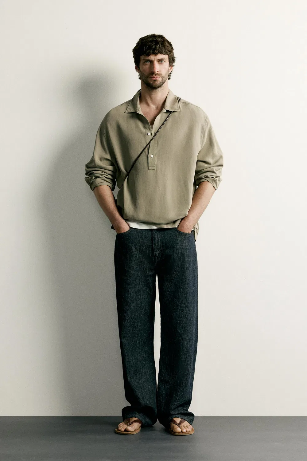 Поло из вискозы и льна, стандартного кроя. ZARA, Olive green