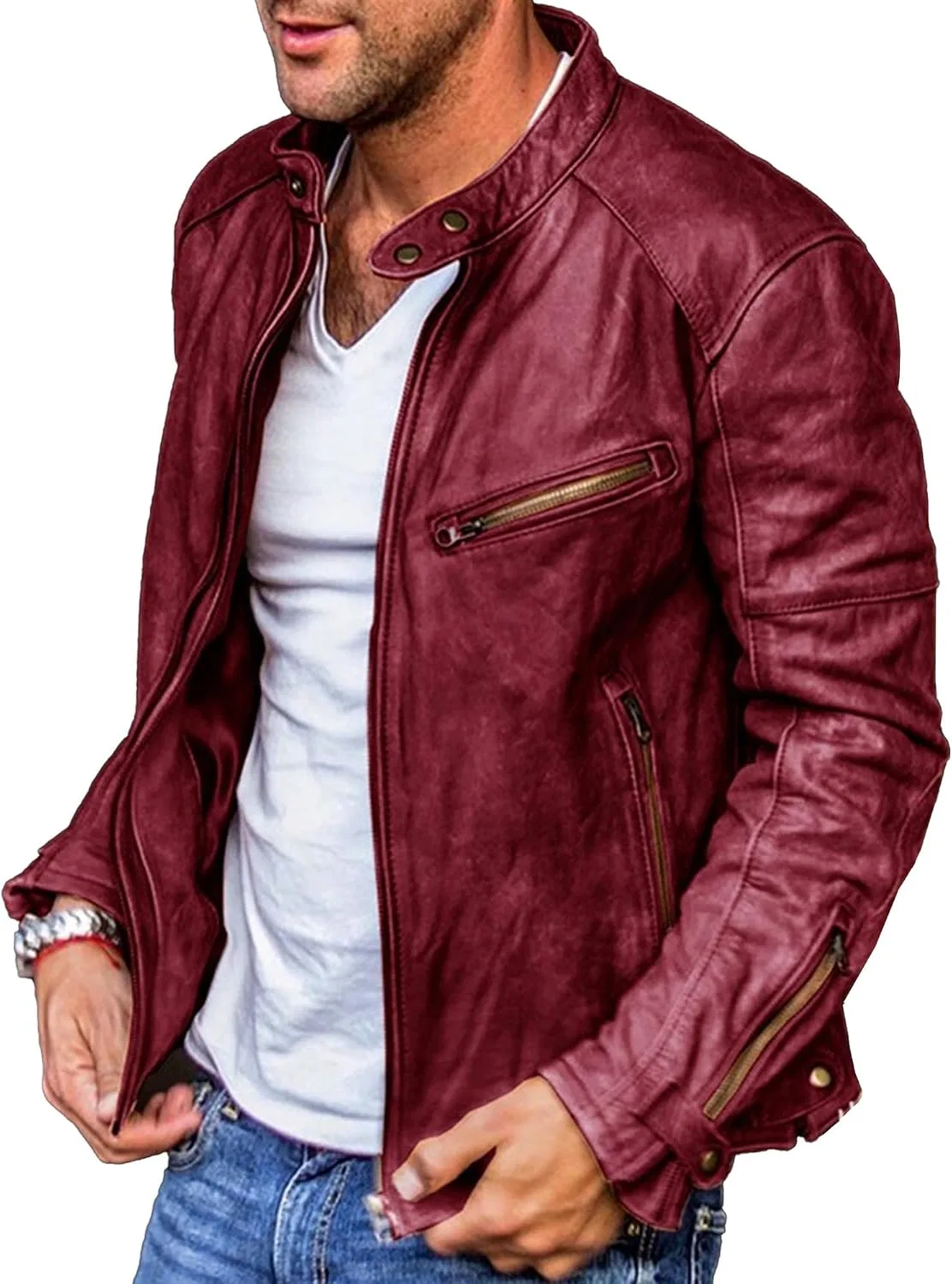 Мужская куртка-косуха из экокожи с воротником-стойкой, Classic Stand Collar Leather Jacket, красный
