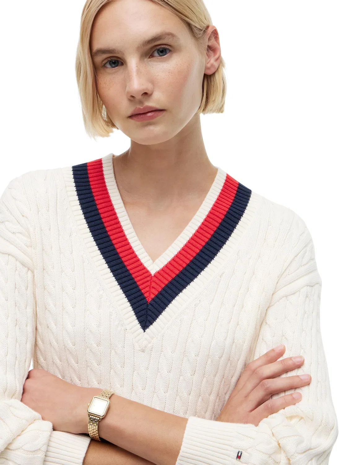Женский пуловер с v-образным вырезом Varsity Cable RLX LS V-nk Swt Tommy Hilfiger, Beige (Calico) — фото 3