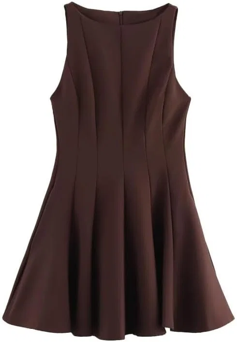 Женское мини-платье с воротником-стойкой без рукавов, Dark Brown