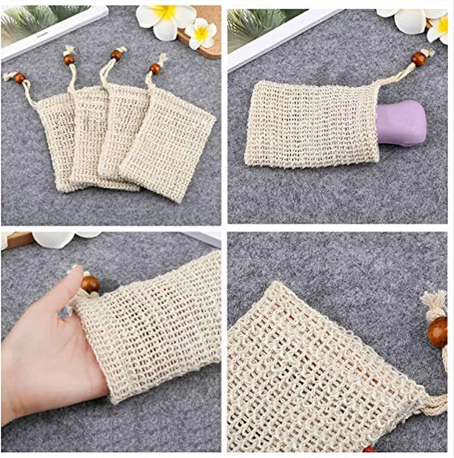 Мешочек для мыла из рами, 8 шт, 13.5x9 см, beige Remingtape — фото 4