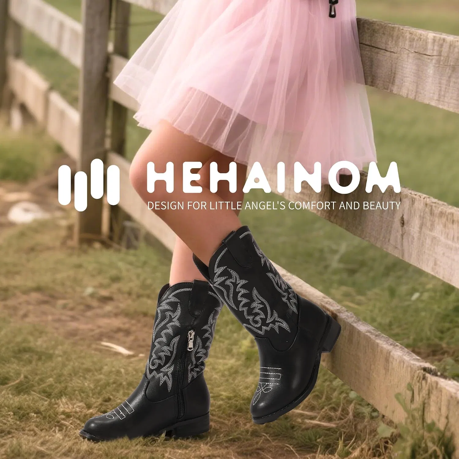Детские сапоги с вышивкой Cowgirl Cowboy для девочек и мальчиков Hehainom, Black — фото 2
