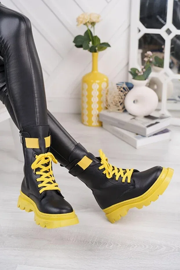 Детские ботинки для девочек с коротким каблуком Ramer, Black Yellow — фото 3
