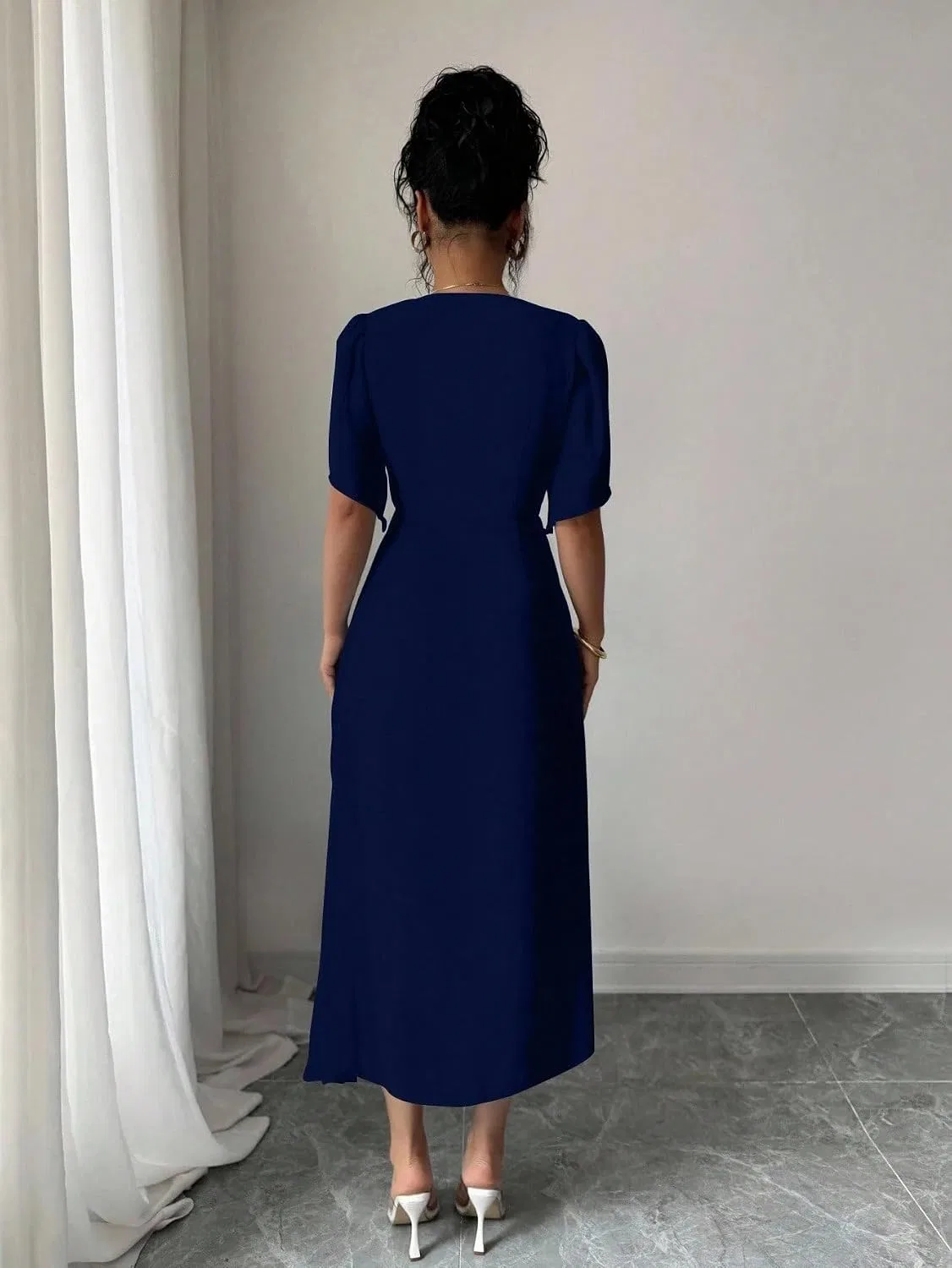Женское повседневное миди-платье с защипами на талии Chiffon, Navy Blue — фото 3