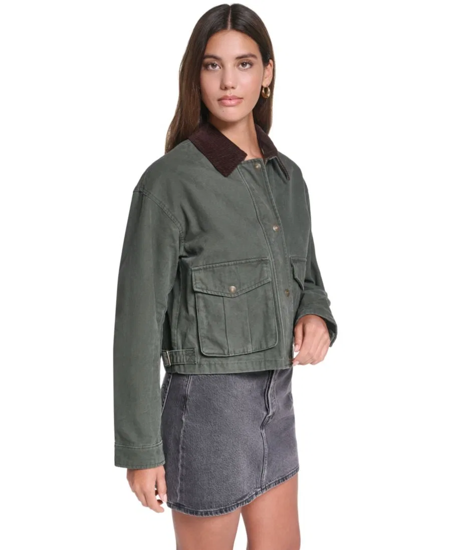 Женская куртка-бомбер из хлопка с воротником из вельвета Levi's, Olive — фото 3
