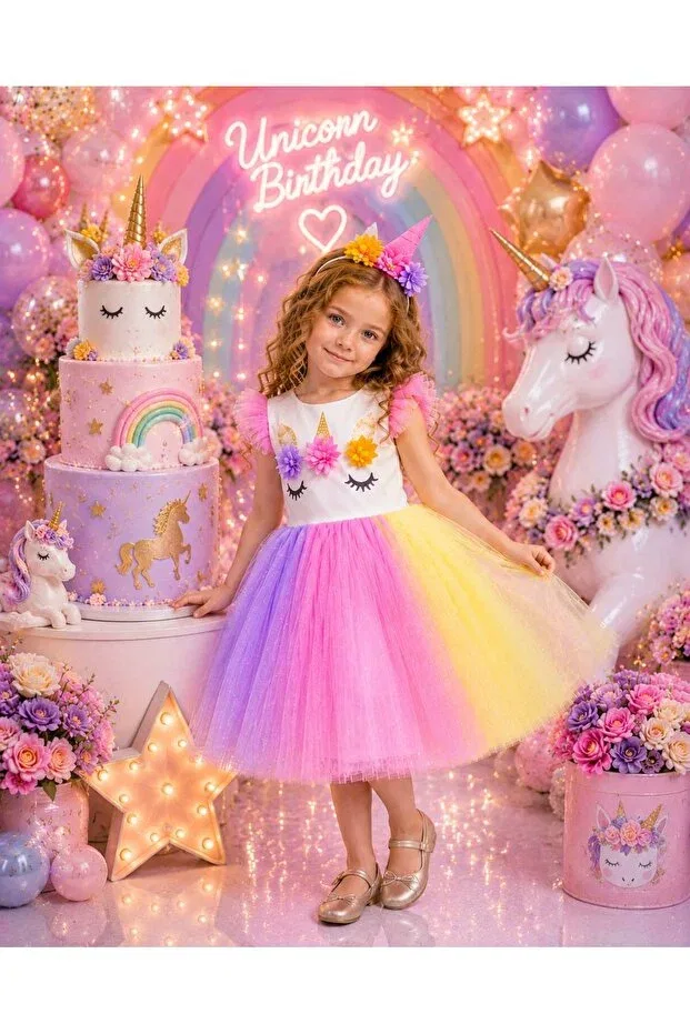 Детское платье для девочек с принтом Girl'S colorful birthday crowned colorful unicorn ribbon zipper party dress Generic Brands, Pink