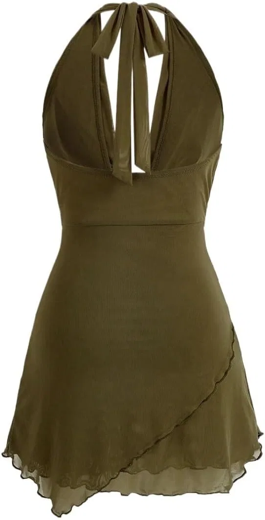 Женское A-силуэта платье из сетки Halter, Army Green