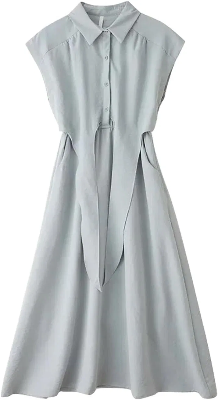 Женское платье с отложным воротником и коротким рукавом, Light Blue