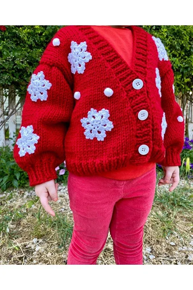 Детский кардиган для девочек с вышивкой Snowflake Detailed Hand Knitted Nevalin, Red — фото 4