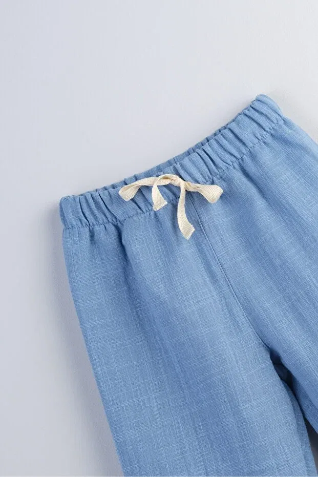 Детские брюки для девочек хлопковые Flamed muslin loose fit unisex kids' trousers 100% cotton blue Bondberro, Dirty Blue — фото 2