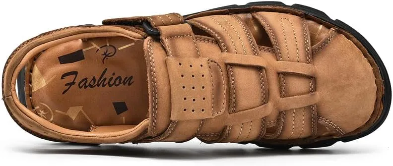 

Мужские кожаные спортивные сандалии с закрытым носком, регулируемые, для прогулок на улице, сандалии-рыбаки Mecolop, светло-коричневый